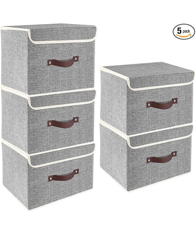 TYEERS Foldable Storage Boxes with Lids 5 Pack Fabric Storage Bins with Lids, Closet Organizers for Clothes Storage, Room Organization, Office Storage, Toys - Gray