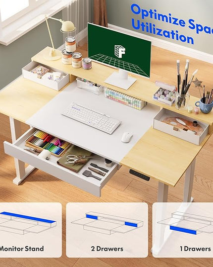 FLEXISPOT 4-Leg Standing Desk with Storage 71x32 in Electric Adjustable Height with 3 Drawers & Shelving Home Office Workstation (White + Maple Top)