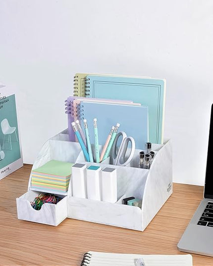 My Space Organizers Marble Desk Organizer For Office Supplies And Accessories - 9 Sections - Pencil Pen Holder Storage - Desktop Organization Decor Essentials (White Grey Marble)