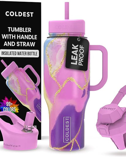 Coldest Tumbler with Handle and Straw - 100% Leak Proof Insulated Tumbler with Lid and Straw (3 Lids) - Stainless Steel Tumblers for Women & Men - Cup Holder Friendly Base, 36 oz (Princess Luna)