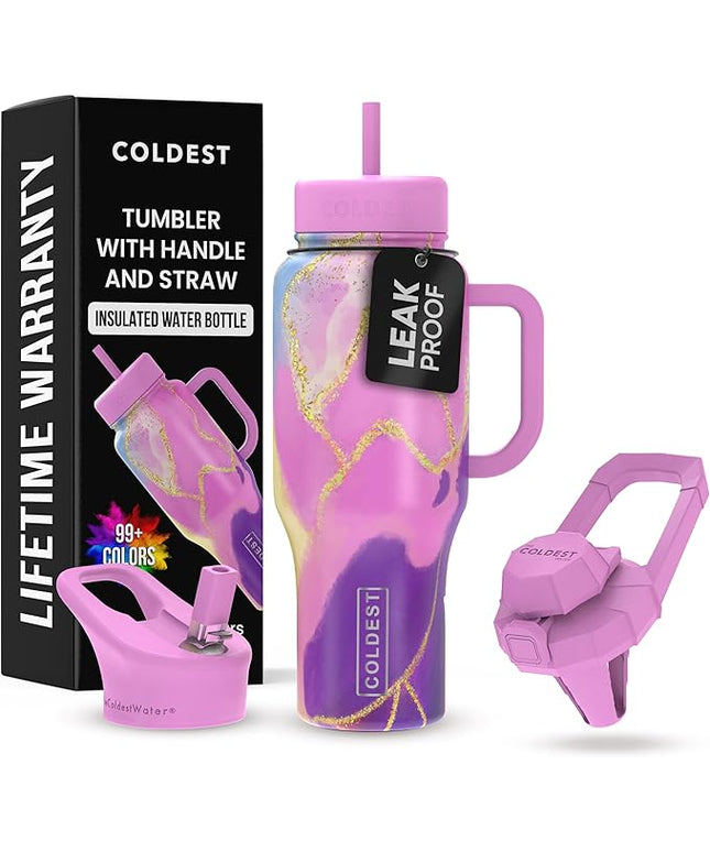 Coldest Tumbler with Handle and Straw - 100% Leak Proof Insulated Tumbler with Lid and Straw (3 Lids) - Stainless Steel Tumblers for Women & Men - Cup Holder Friendly Base, 36 oz (Princess Luna)