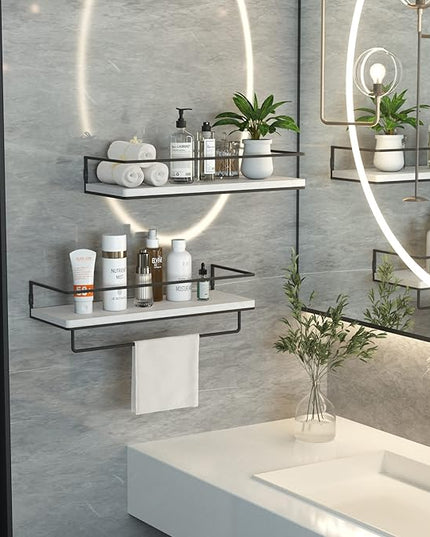 ZGO Floating Shelves for Wall Set of 2, Wall Mounted Storage Shelves with Black Metal Frame and Towel Rack for Bathroom, Bedroom, Living Room, Kitchen, Office (White)