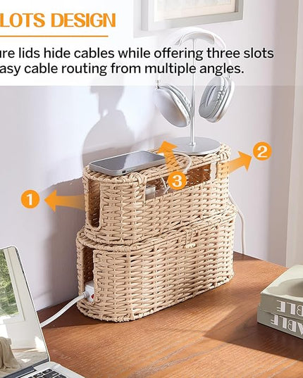 FairyHaus Cable Management Box 2Pack Cream, Handwoven Large and Small Cable Organizer Box Cover to Hide Cords and Power Strip, Imitation Wicker Cord Organizer Box Hider for Office Desk and Floor