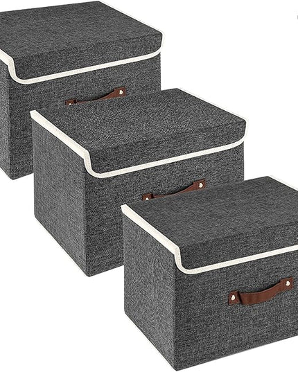 TYEERS Collapsible Storage Boxes, Washable Fabric Storage Bins with Lids, 14.9x9.8x9.8 inches, 3 Pack, Black