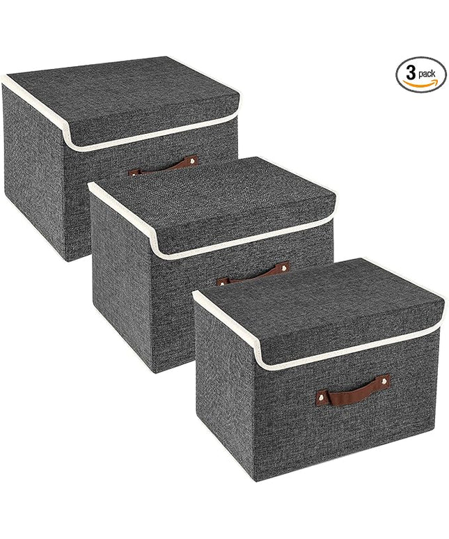 TYEERS Collapsible Storage Boxes, Washable Fabric Storage Bins with Lids, 14.9x9.8x9.8 inches, 3 Pack, Black