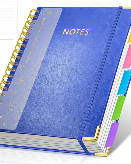 Hardcover Spiral Notebook Journal, 8"x10" Large B5 Notebooks with Removable Dividers Tabs, 300 Pages Leather 5 Subject Notebook College Ruled, Journal for Work School Note, 100 GSM Thick Paper,Blue