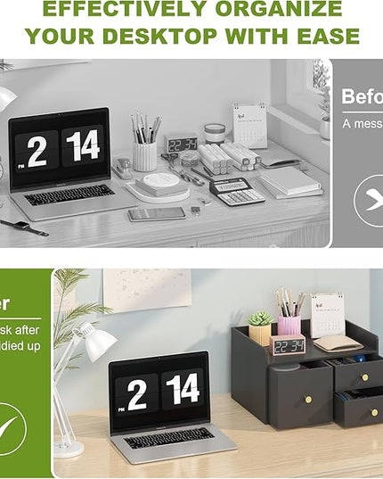 Bamboo Desk Organizer with Drawers Wooden Desktop Storage Drawers for Bills Office Supplies Kitchen Utensils Organizing Tool for Home Classroom Organization No Assembly (3 Drawer, Black)