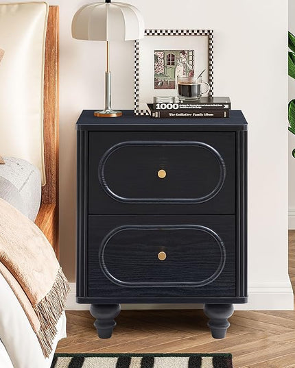 2 Drawer Fluted Mini Small Dresser for Bedroom Set of 2, Mid Century Modern Nightstand Bedside End Table, Wood Storage Dresser Organizer for Bedroom Living Room, Black