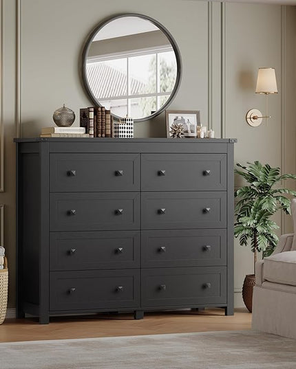 BORNOON Tall 8-Drawer Dresser, Modern Wooden Storage Chest of Drawers, Dresser TV Stand, Wood Drawer Organizer with Metal Handles for Bedroom, Living Room, Hallway