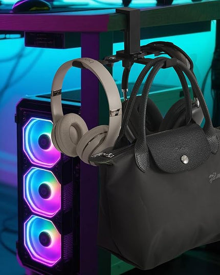 blingwider 3 Hooks Metal Heavy Duty Foldable Headphone Holder for Desk, Headset Stand for Desk,Backpack Holder Hook for Desk,Bag Hook Under Desk,Clamp Hook for Gaming PC Accessories,Black