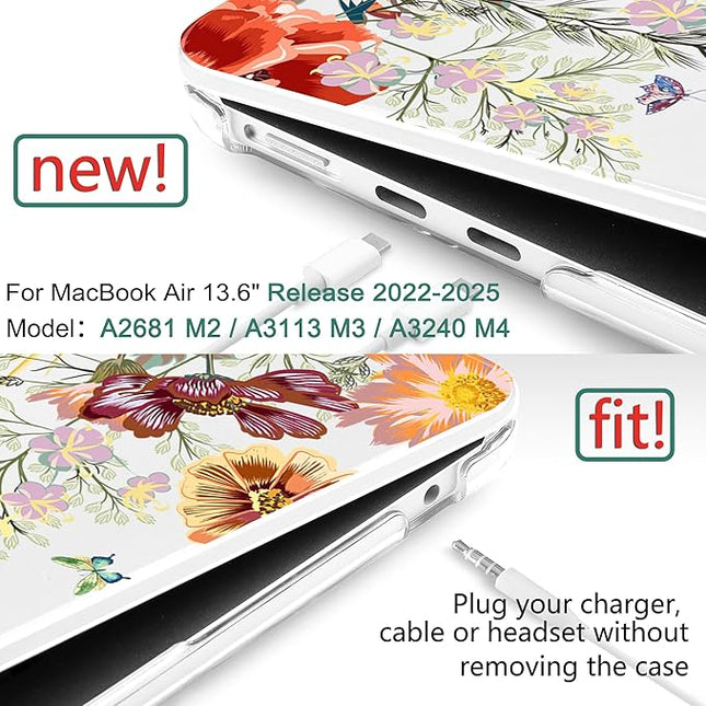 DONGKE for M4 MacBook Air 13.6 Inch Case 2025 2024 2023 2022 Model A3240 A3113 A2681 M3 M2 Chip, Plastic Hard Shell Case Cover with Touch ID for MacBook Air 13 Inch M4 - Floral Illustration