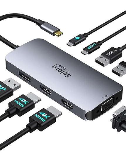 USB C Docking Station Dual HDMI Monitor Adapter, Selore USB C Hub 3 Monitors with Dual HDMI, Displayport, VGA, 100W PD Charging, 3USB 2.0 Ports Adapter for Dell XPS, HP, Lenovo, etc
