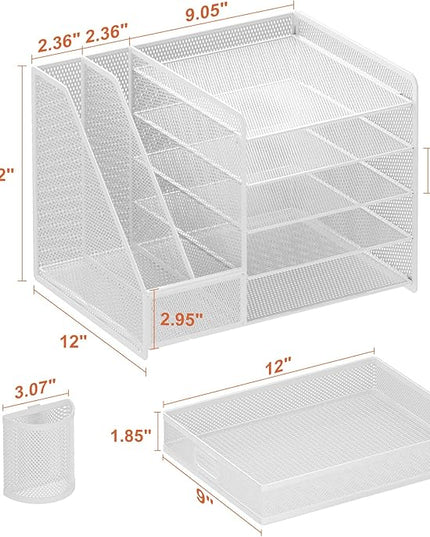 Marbrasse Desk Organiser with File Holder, 5-Tier Paper Letter Tray Organiser with Drawer and 2 Pen Holder, Mesh Desktop Organizer and Storage with Magazine Holder for Office Supplies(White)