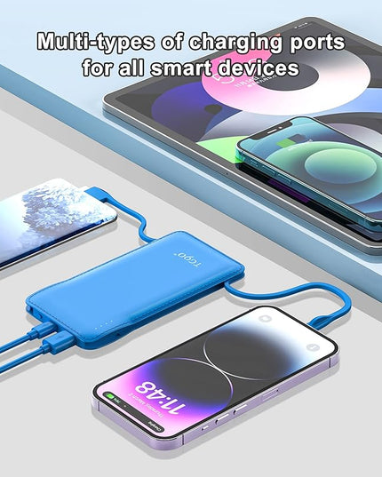 TG90° 10000mah Power Bank Portable Charger with Built-in Cables(No AC Plug), Portable Phone Charger Battery Backup Compatible with iPhone 17 16 15 14 13 12 and Android Phones