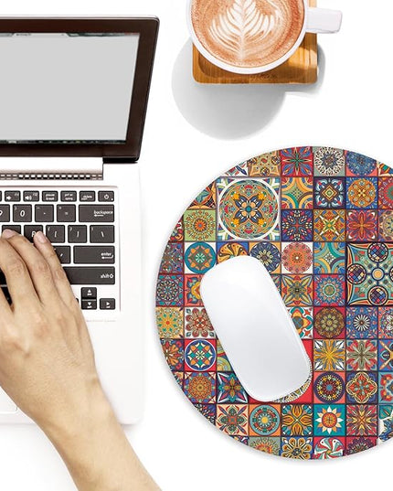 Boho Round Mouse Pad,Funny Small Mouse Pad with Non-Slip Rubber Base,Mouse Mat,Home Office Decor Desk Accessories,8.7inch Round Mouse Pad 1