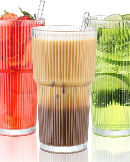 20 oz Glass Cup and Straw 3 Set, Glass Tumbler with Straw, Vintage Glassware for Whiskey Cocktail Beer, Iced Coffee Cups (3 PACK)