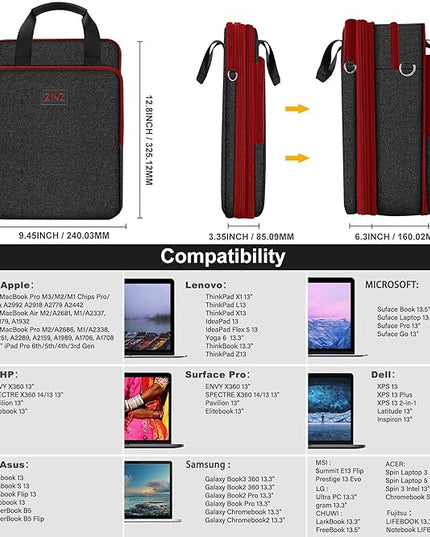 ZINZ 12.3-13 Inch Travel Laptop Shoulder Bag with Expandable Compartment and Valuables Compartment -Black-Wine edge
