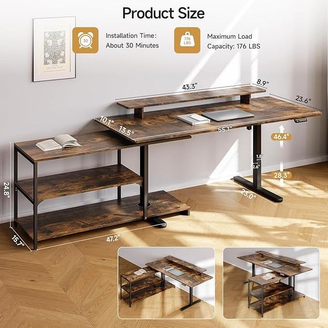 ONBRILL L Shaped Standing Desk with File Cabinet, 55x24'' Electric Stand Up Desk with Monitor and Storage Shelf, Adjustable Height 28-46'' for Home and Computer Workstation, Rustic Brown