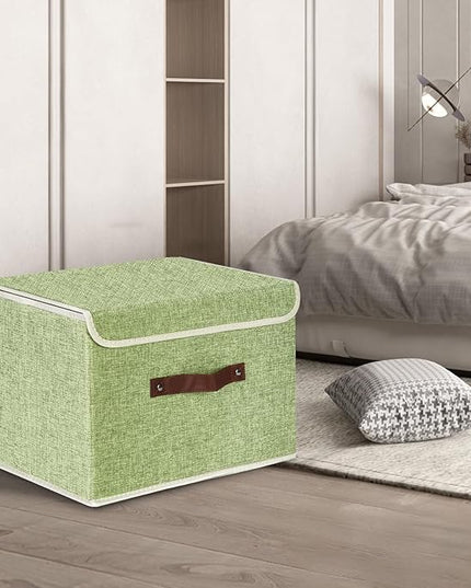 TYEERS Collapsible Storage Boxes, Washable Fabric Storage Bins with Lids, 14.9x9.8x9.8 inches, 3 Pack, Green