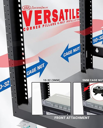 AxcessAbles 22U Open Frame Network & AV Rack with Caster Wheels, Three 2U Shelves, 10-32 & Cage Nut Compatible Rails, Cage Nuts, Screws, Cage Nut Tool & Wall Mount Kit | 19-Inch Equipment Rack