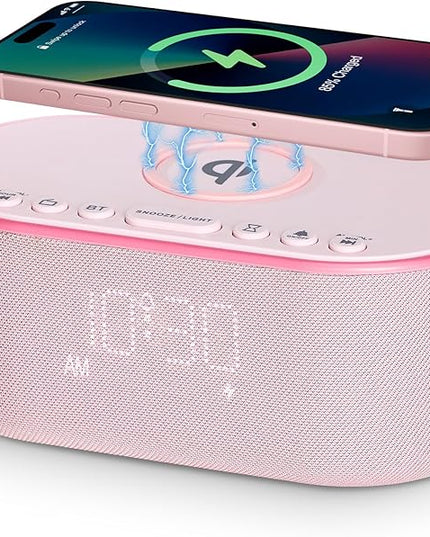 Wireless Charging Alarm Clock Radio: Qi Certified Fast Wireless Charger for iPhone Samsung - 10W Stereo Bluetooth Speaker - Dimmable Digital Clock with FM Radio for Bedroom Pink