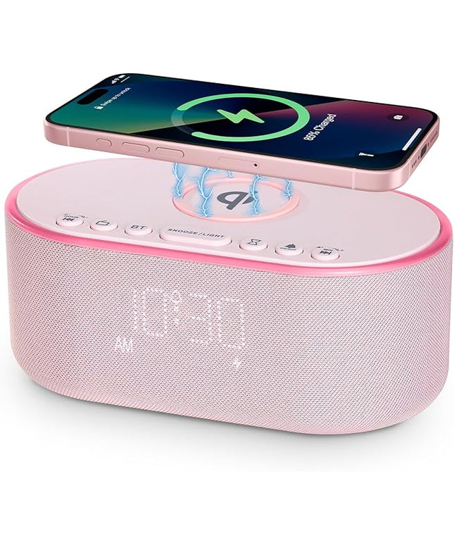 Wireless Charging Alarm Clock Radio: Qi Certified Fast Wireless Charger for iPhone Samsung - 10W Stereo Bluetooth Speaker - Dimmable Digital Clock with FM Radio for Bedroom Pink