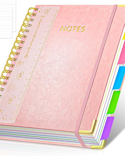 Hardcover Spiral Notebook Journal, 8"x10" Large B5 Notebooks with Removable Dividers Tabs, 300 Pages Leather 5 Subject Notebook College Ruled, Journal for Work School Note, 100 GSM Thick Paper,Pink