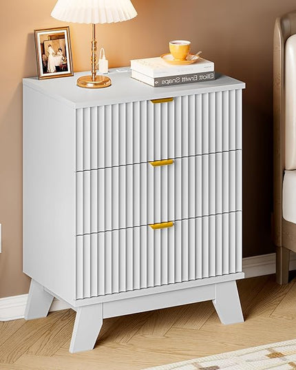 BORNOON 30.5" Nightstand with Charging Station, 3-Drawer Fluted Bedroom Chest, Wood Bedside Dresser with Power Outlets and USB Ports, Metal Slides, Stable Base, Modern Storage Cabinet for Small Spaces