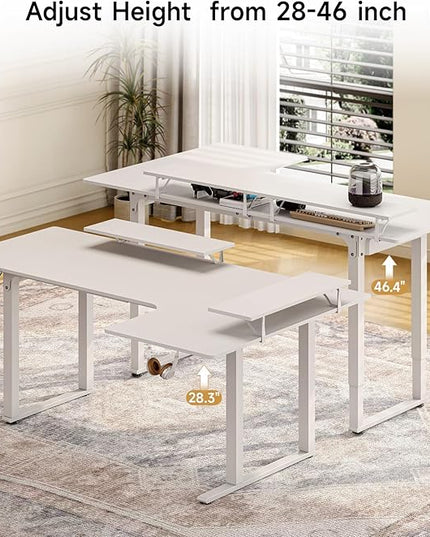 L Shaped Standing Desk, 63x43'' Electric L Stand Up Desk with 2 Adjustable Monitor Shelves, Dual Motor and Memory Controller, Adjustable Height from 28-46'' for Home and Computer Workstation, White