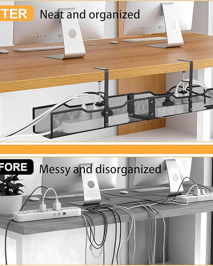 No Drill Under Desk Cable Management Tray, Extended-Length Metal Mesh Wire Organizer with Heavy Duty Clamp Mount for Home Office Standing Desk - Damage Free Cord Organization Solution