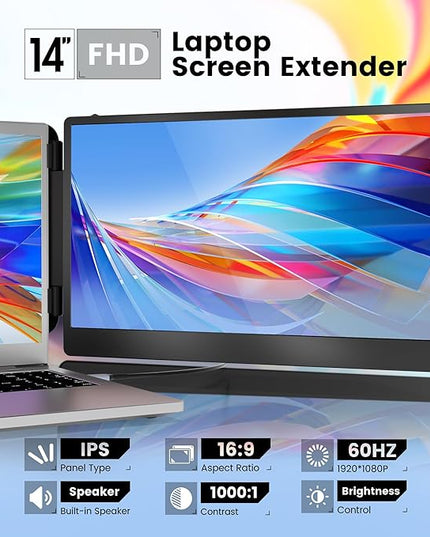 domyfan 14" Laptop Monitor Extender, FHD 1080P IPS Dual Laptop Screen Extender, HDMI/USB-A/Type-C Plug and Play for Windows, Mac, Chrome, Android, Xbox, Switch, PS5, Work with 13.3”-17” Laptops