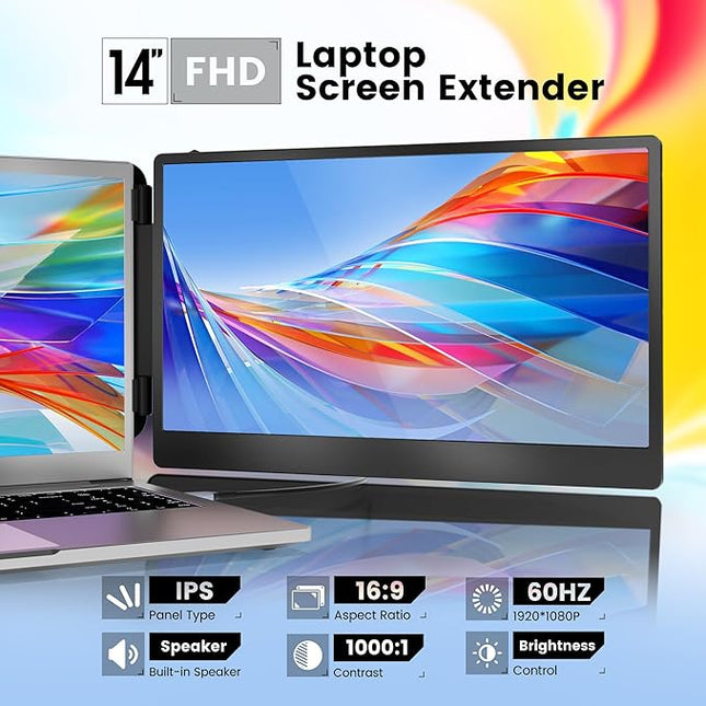 domyfan 14" Laptop Monitor Extender, FHD 1080P IPS Dual Laptop Screen Extender, HDMI/USB-A/Type-C Plug and Play for Windows, Mac, Chrome, Android, Xbox, Switch, PS5, Work with 13.3”-17” Laptops