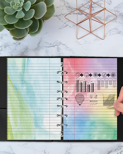 100 Sheet 5.5" x 8.5" Colored Loose Leaf Paper Half Letter Lined Paper 7 hole punched Wide Ruled Paper Refills College Ruled Notebook Paper Watercolor 80GSM For 3 Or 7 Ring Binders
