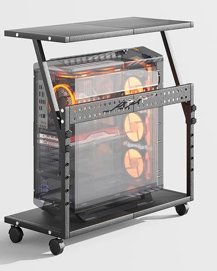 24In Large PC Stand, 5 Levels Height Adjustable Computer Tower Stand with Wheels and Hooks, CPU Holder Cart for Floor, Carpet and Under Desk, Easy Assembly（NOT Including Power Strips）