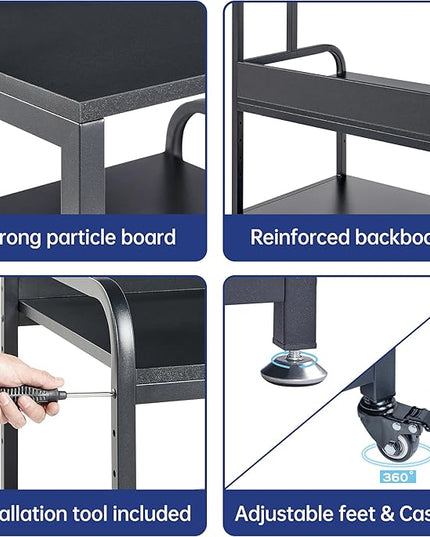 25.6" x 23.6" Extra Large Printer Stand Table with Adjustable Storage Shelf, 3 Tier Rolling Printer Cart with Industrial Wheels for Home Office, Black