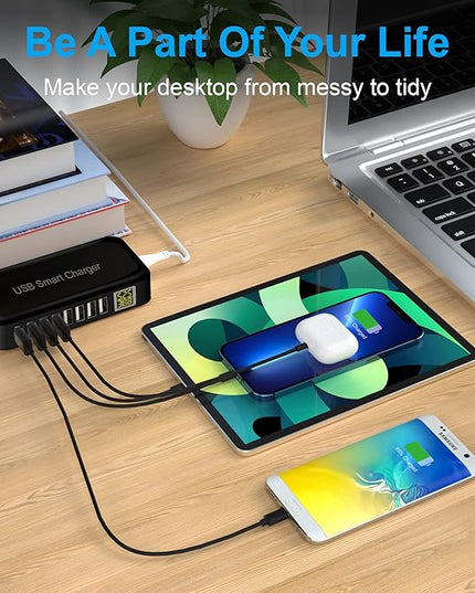 USB Charging Station, Ziwodiv 8-Port 60W/12A USB Charger Station, Multi Ports USB-A Charging Hub with LED Display, Compact Desktop Charger for Multiple Devices, iPhone iPad Samsung Android and Tablet