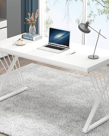 FOLUBAN Modern White Desk, Rustic Wood and Metal Computer Desk for Home Office, Simple Writing Work PC Desks for Bedroom, Industrial Study Gaming Table for Living Room, White, 53 Inch