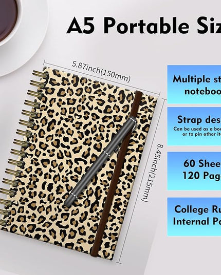 Spiral Journal Notebook, A5 Cute Notebooks for Women Men, College Ruled Hardcover Notebook for Work & Note Taking, 60 Pages Double-Wire Journals for Writing (Brown Leopard)