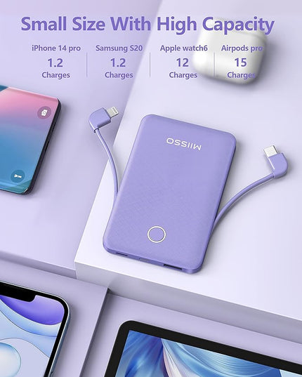 6000mah Ultra Slim Built in Cables Power Bank, Card Size Built in USB C Cords Battery Pack Portable Charger for Phones, 3 Output External Battery Pack Compatible with iPhone, 2-Pack White & Purple