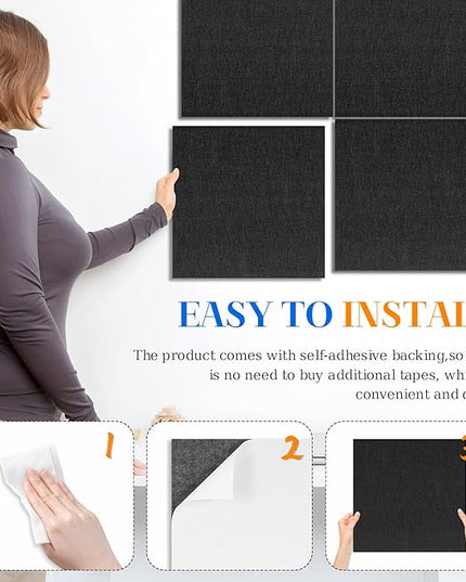 DOLLAR BOSS Felt Cork Board Tiles, 4 Packs 12" x 12" 1/2" Thick Cork Bulletin Board Self Adhesive Acoustic Panels Soundproof Corkboards for Walls with 40 Pushpins for Home Office Kitchen School, Black