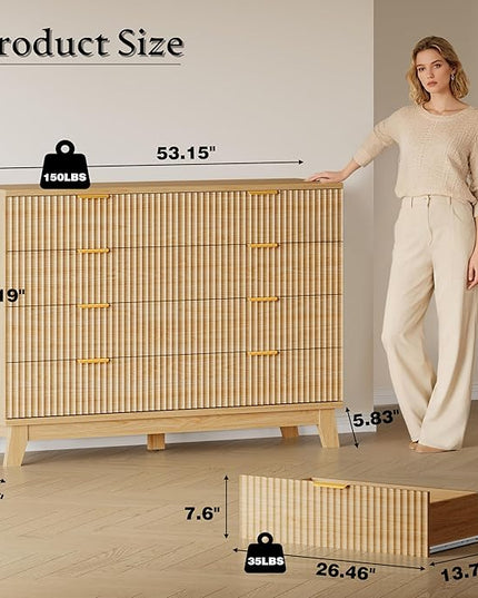 BORNOON 53" Tall Dresser for Bedroom, 8-Drawer Fluted Chest of Drawers, Modern Wood Highboy with Metal Slides and Handles, Anti-Tip Kit, Vertical Clothes Storage Organizer for Apartment, Closet
