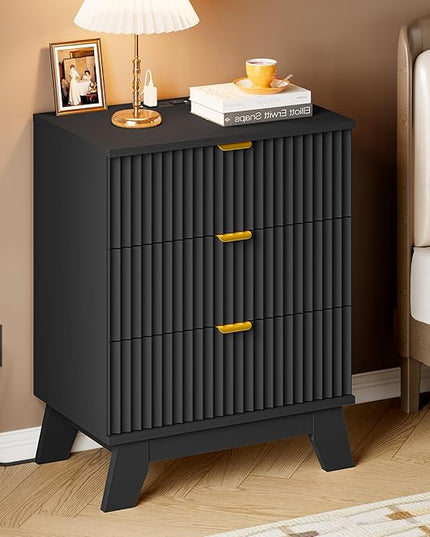 BORNOON 30.5" Nightstand with Charging Station, 3-Drawer Fluted Bedroom Chest, Wood Bedside Dresser with Power Outlets and USB Ports, Metal Slides, Stable Base, Modern Storage Cabinet for Small Spaces