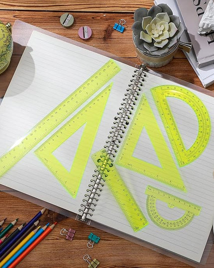 Tenare 6 Pcs Plastic Ruler Math Set Includes 12 Inch 6 Inch Straight Protractor Triangle Geometry Transparent Math Ruler Measuring Tools for School Office Home(Yellow)