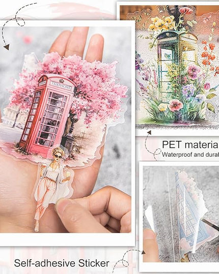 AuriicLeaf Telephone Booth PET Sticker Set, 80PCS Vintage Street Scene Stickers for Scrapbooking, Journaling, DIY Crafts, Planner Decoration, and Aesthetic Collage