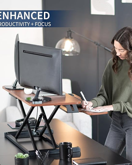 VIVO 36 inch Desk Converter, K Series, Height Adjustable Sit to Stand Riser, Dual Monitor and Laptop Workstation with Wide Keyboard Tray, Dark Walnut Top, Black Frame, DESK-V036KA