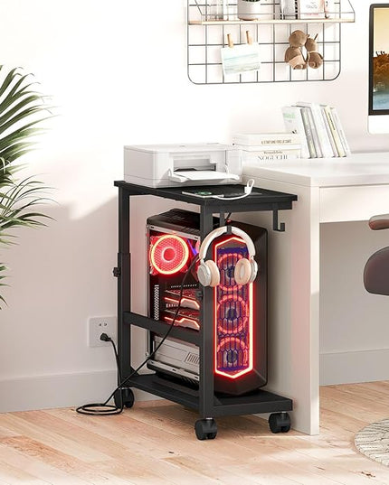 Snughome Computer Tower Stand with Charge Station, 25.0"-32.1" Height Ajustable PC Tower Stand for Floor, Mobile CPU Holder Cart for Carpet with Hooks, PC Cart for Gaming Office Home