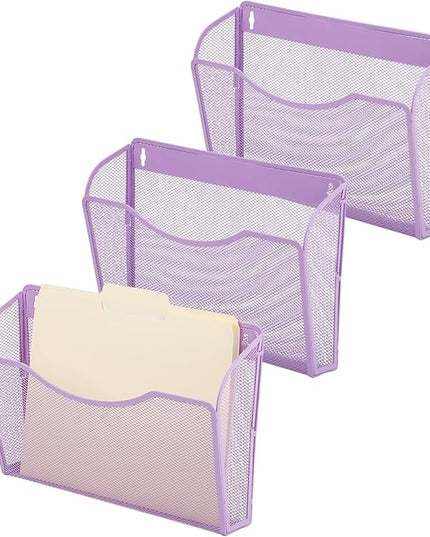 EASEPRES 3 Single Pocket Mesh Hanging File Organizer, Vertical Wall Mounted Magazine File Holder, Mount Basket Mail Paper Document Folder Organizing for Office, Home and School, Light Purple