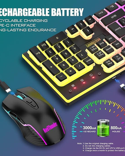 RedThunder K10 Wireless Gaming Keyboard and Mouse Combo, RGB Backlit Rechargeable 3800mAh Battery, Mechanical Feel Anti-ghosting Keyboard with Pudding Keycaps + 7D 3200DPI Mice for PC Gamer (Black)