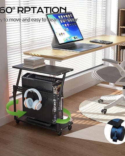 24In Large PC Stand, 5 Levels Height Adjustable Computer Tower Stand with Wheels and Hooks, CPU Holder Cart for Floor, Carpet and Under Desk, Easy Assembly（NOT Including Power Strips）