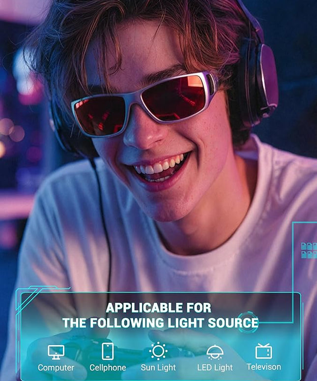 TIJN Sonia Sleep Glasses for Blue & Green Light Blocking,Red Lens with Dual AR Coating,Wraparound Frame for Gaming Screen